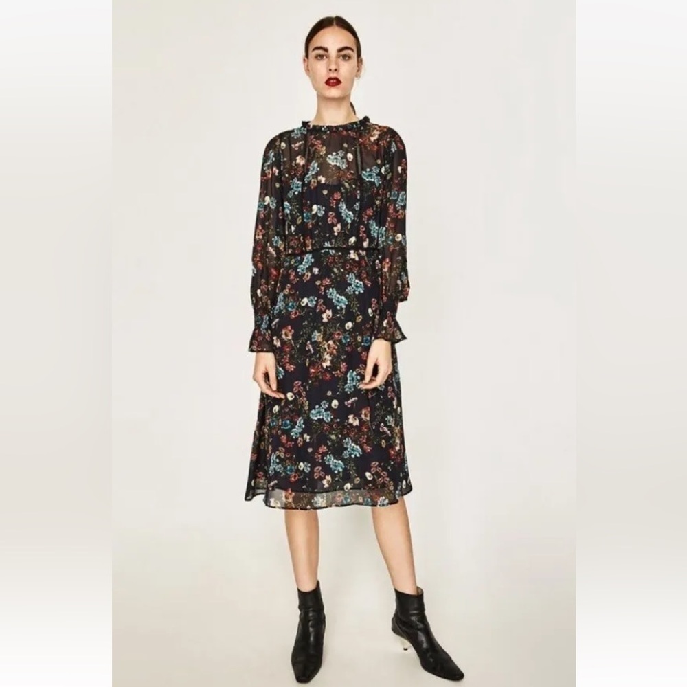 Zara Black Floral Midi Long Sleeve Dress Size Small S